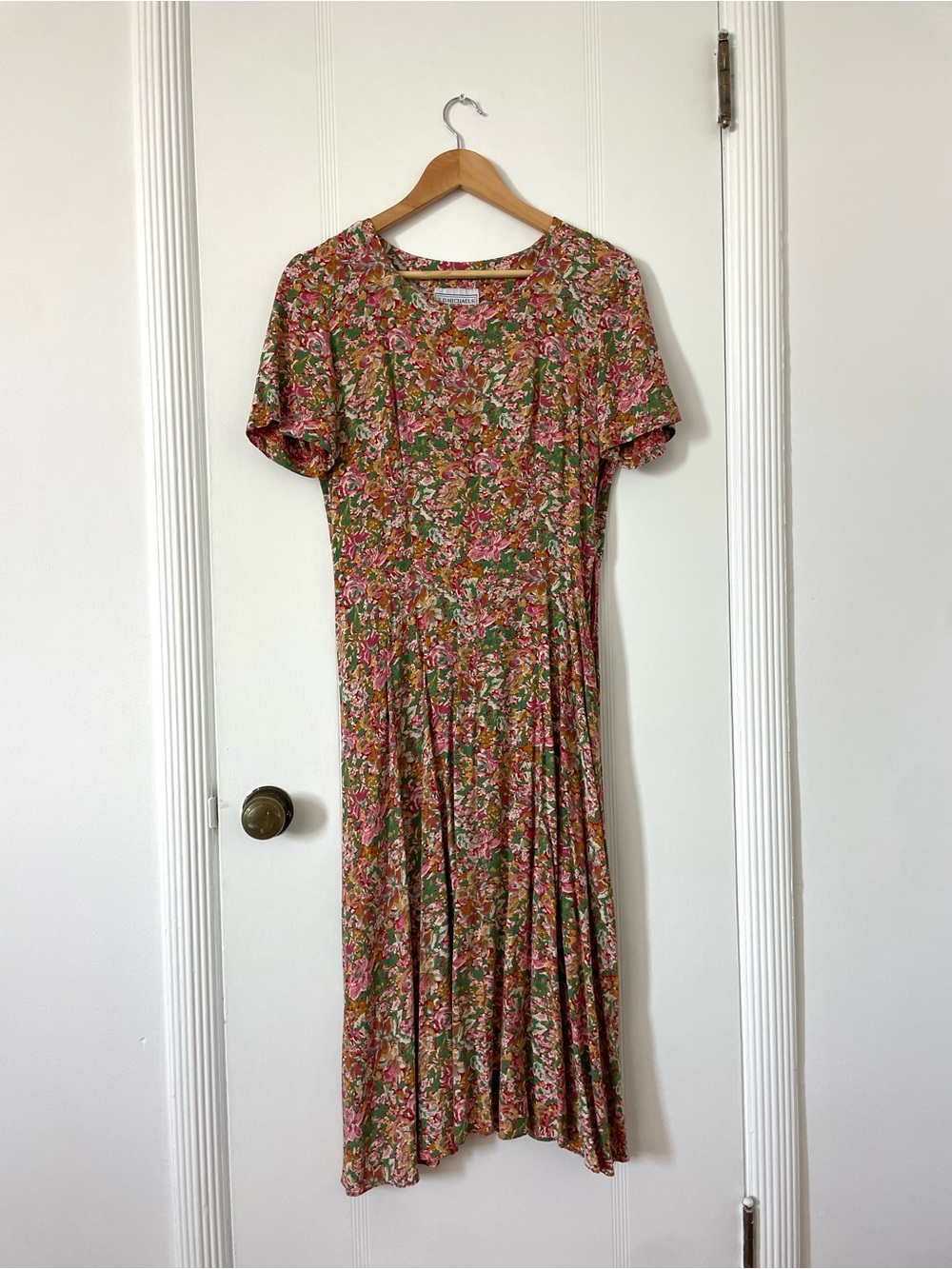 Vintage Pink, Green & Gold Floral Short-Sleeve Midi Dress